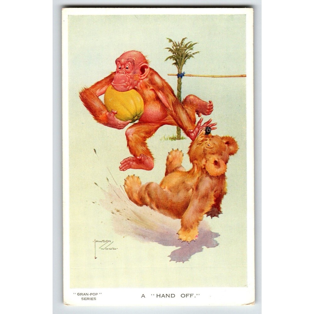 Monkey Bear Playing Football Postcard Larson Wood Signed Fantasy Anthropomorphic